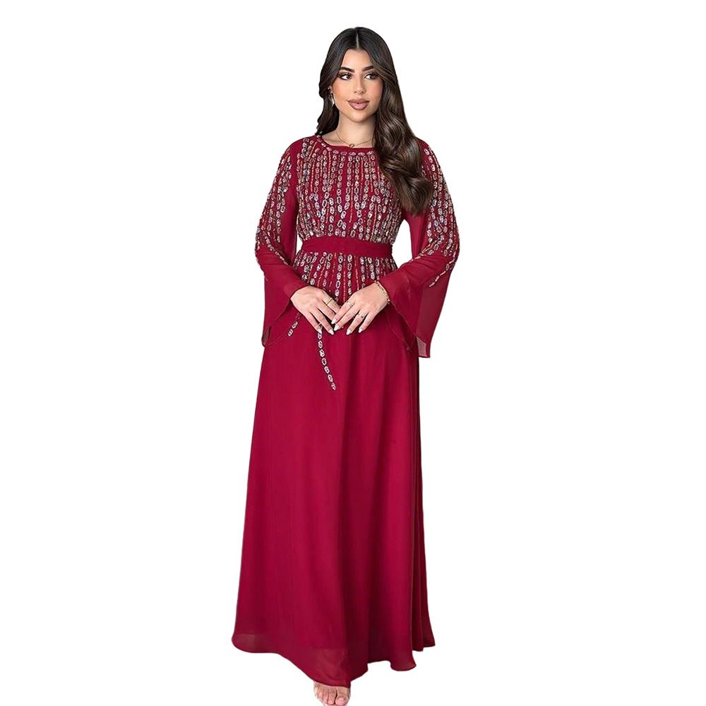 Modest Abaya Dress"Elegant Rhinestone Chiffon Dress – Modest Muslim Women’s Long Dress With Flowing Silhouette & Glamorous Details"_ecoleips.com