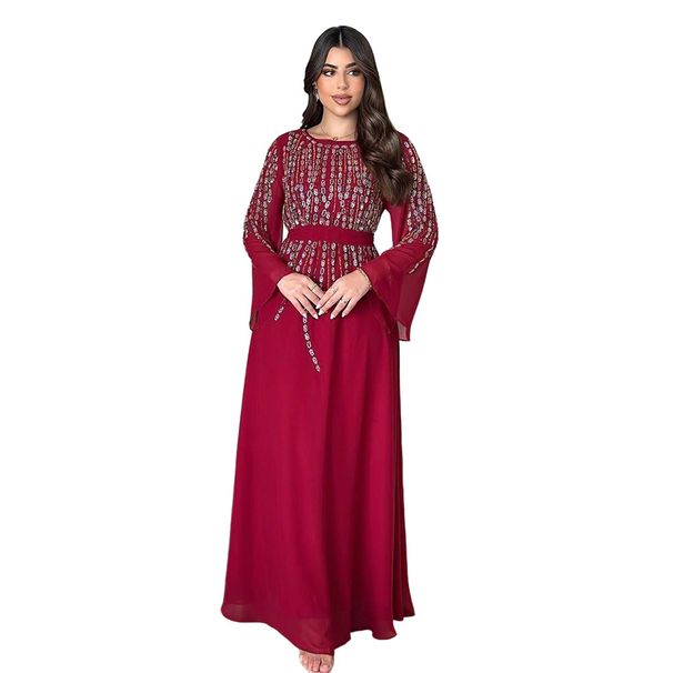 Modest Abaya Dress"Elegant Rhinestone Chiffon Dress – Modest Muslim Women’s Long Dress With Flowing Silhouette & Glamorous Details"_ecoleips.com