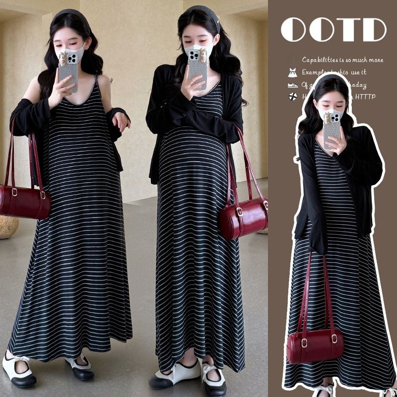 Autumn New Korean Fashion Striped Strap 2-Piece Maternity Dress_ecoleips.com