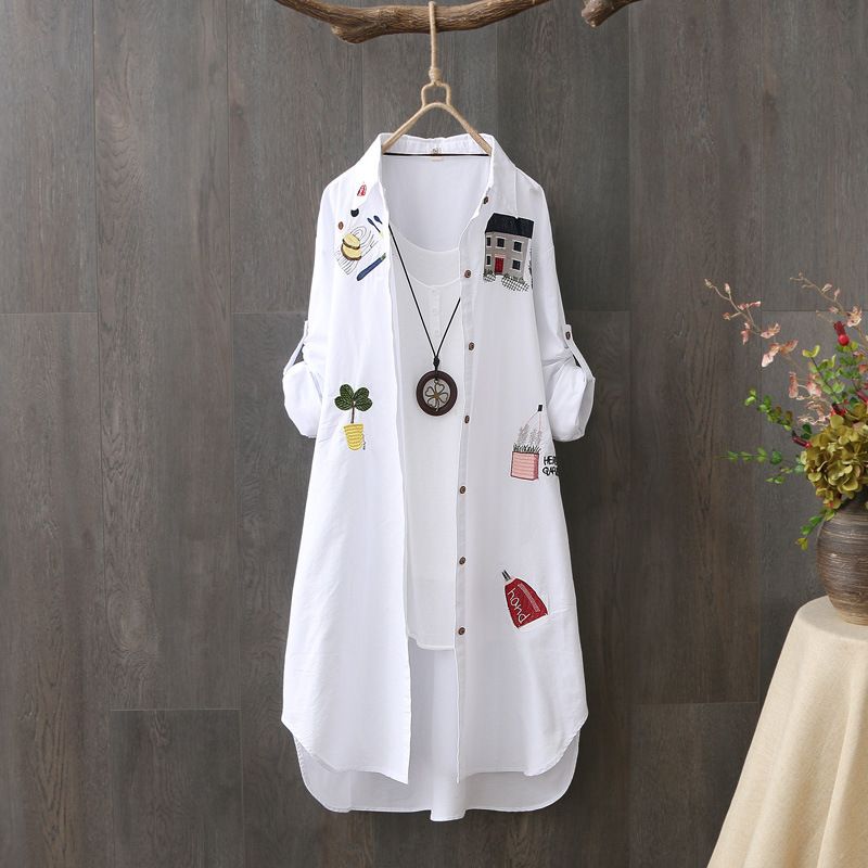 Women's Clothing Women's Casual Long Sleeve Shirt Cotton Artistic Embroidery Loose Mid Length Spring Autumn Wear Sun Protection Top_ecoleips.com