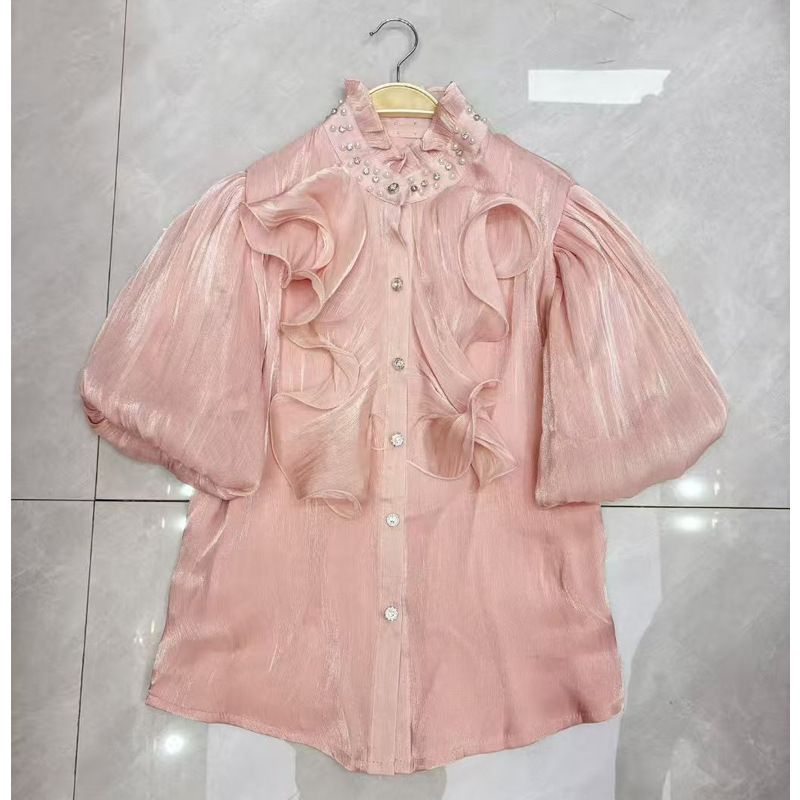 Women's Clothing Women's Rhinestone And Beaded Stand Collar Blouse Lantern Sleeve Unique Ruffle Top Gentle Elegant Light Luxury Youthful_ecoleips.com