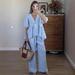 Women’s Clothing Spring And Summer New Sweet Solid Color Suit Pure Cotton V Neck Top Bubble Short Sleeved Trousers 2 Piece Set_ecoleips.com