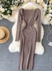 Dresses For Women 2026 Sexy Strapless Ribbed Knitted Bodycon Dress Women Winter Long Sleeve Midi Sweater Dress Clothes_ecoleips.com