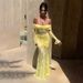 Elegant Lace-Trimmed Off-Shoulder Slit Dress – Long Sleeve Ruffled Maxi Dress For Women Body-Skimming A-Line Silhouette_ecoleips.com