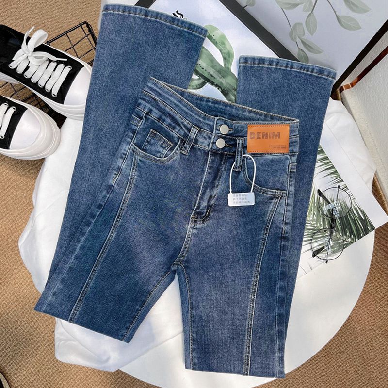 Women’s Clothing Front slit flared jeans for women Korean style new small size high waist tight elastic straight floor length flared pants for women_ecoleips.com