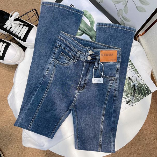 Women’s Clothing Front slit flared jeans for women Korean style new small size high waist tight elastic straight floor length flared pants for women_ecoleips.com