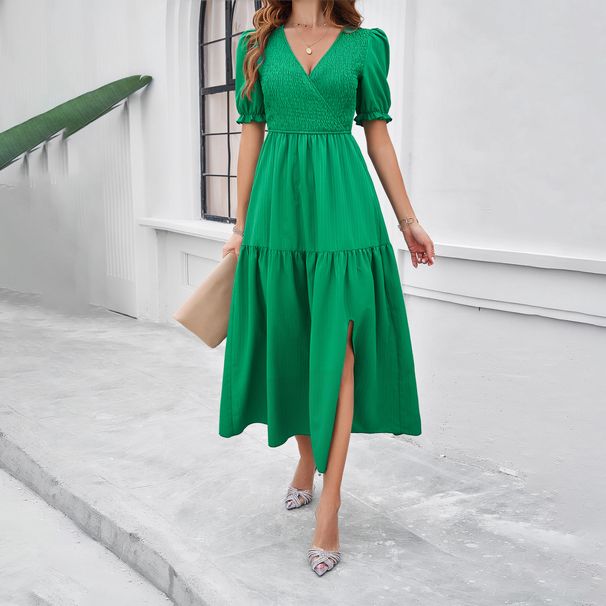 DiYun Foreign Trade 2024 Spring/Summer Women's Dress - Elegant Solid Color V-Neck Short Sleeve Long_ecoleips.com