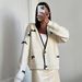 Women's Clothing Knit Cardigan V Neck Elegant White Bow-Knot Knit Cardigan For Women - V-Neck Long Sleeve Casual Blouse With Contrast Trim_ecoleips.com