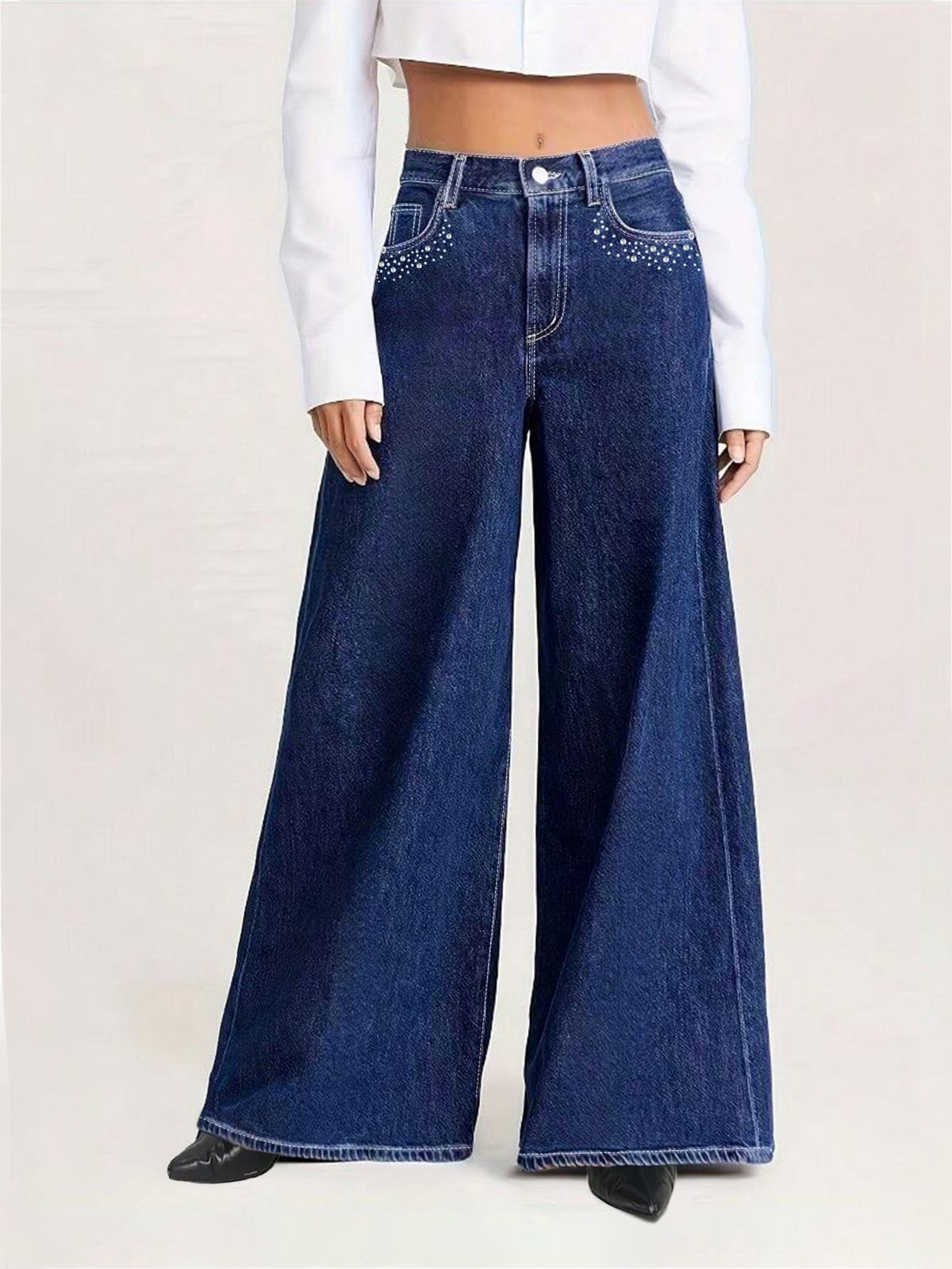 Women's Clothing Distressed Wide-Leg Jeans For Women – Rhinestone Pocket Boho Denim Pants (S-XXL, Vintage Wash, Non-Stretch)_ecoleips.com