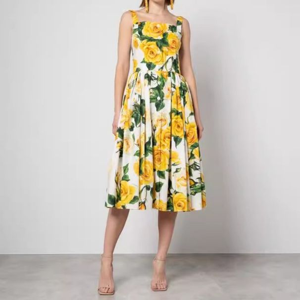 Women's Clothing Suspender Dress Vacation Cotton Yellow Rose Random Print Princess Fairy Dress_ecoleips.com