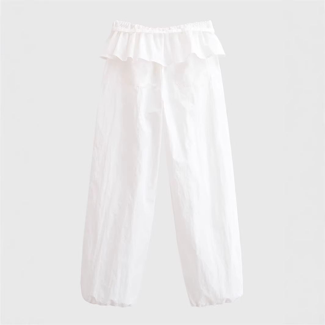 Aria Basics 2026 Spring New European And American Women's Fashion Casual Overlaid Waist Pants Long Trousers Solid Color Lace Thin_ecoleips.com