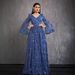 New European American Style Sequined Long-sleeve Blue Evening Dress, Elegant And High-end, Simple V-neck Party Dress_ecoleips.com