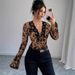 European American Cross-border 2026 Spring New Women's V-neck Lace And Mesh Bell-sleeve T-shirt Top_ecoleips.com