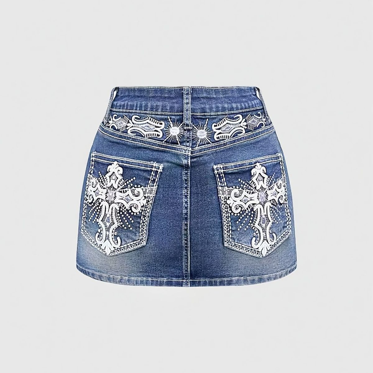 Women's High-Waisted Denim Mini Skirt Bodycon Sexy Embroidery Cross Factory Direct Wholesale_ecoleips.com