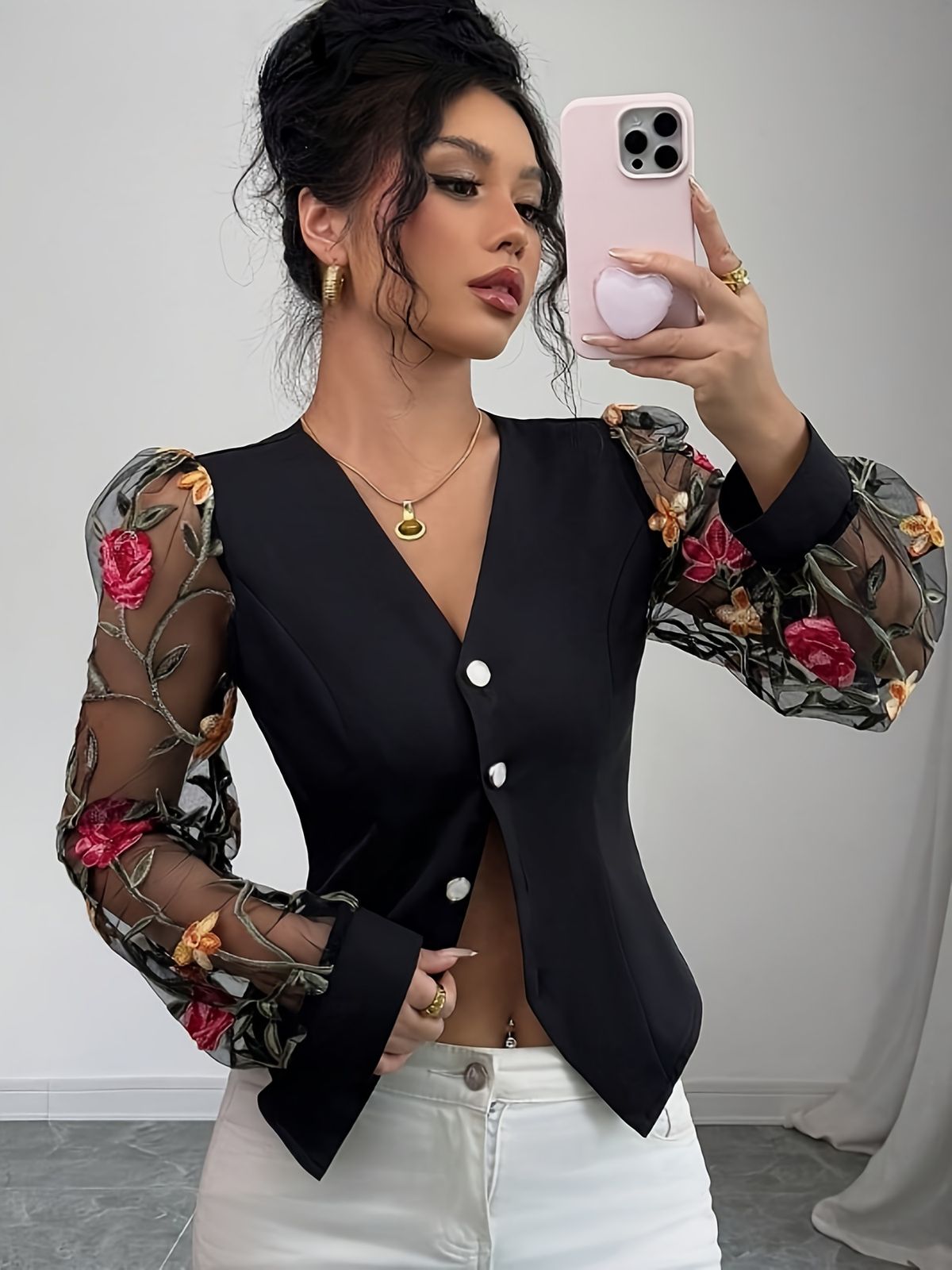 Elegant Rose Lace Sleeve Blazer For Women, V-Neck Long Sleeve Floral Print Mid-Length Office Blazer, Chic Trench Coat For Business Wear_ecoleips.com