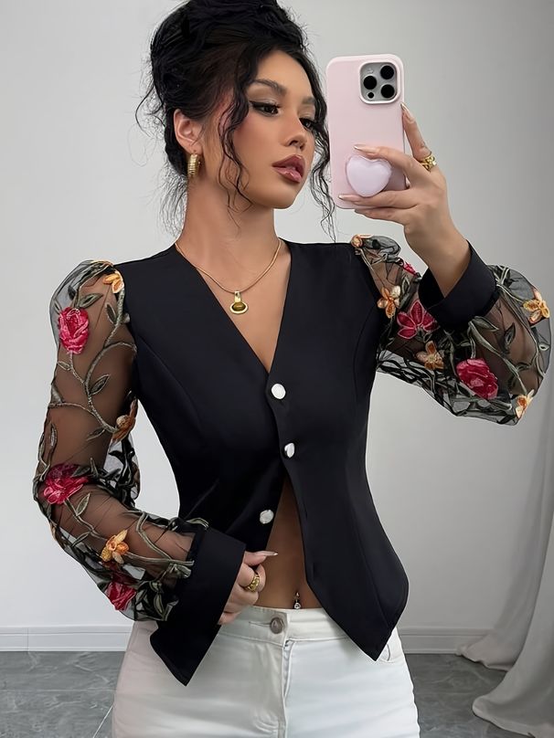 Elegant Rose Lace Sleeve Blazer For Women, V-Neck Long Sleeve Floral Print Mid-Length Office Blazer, Chic Trench Coat For Business Wear_ecoleips.com