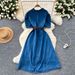Women's Clothing Summer New Style Light Mature Niche Puff Sleeve Single Breasted Waist Denim Dress Female Slim Long Skirt_ecoleips.com