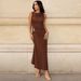Summer New Arrival Women's Elegant Sophisticated Solid Color Gathered Metal Buckle Fitted Waist Slimming Pullover Long Skirt Dress_ecoleips.com