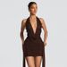 Spring/Summer Women's Sexy Deep V Neck Halter Neck Dress American Style With Water Drop Decoration Exposed Backpack_ecoleips.com