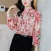Floral Print Chiffon Blouse – Elegant Peplum Top With Stand Collar & Flutter Sleeves (S-3xl, Breathable Acetate Blend)_ecoleips.com