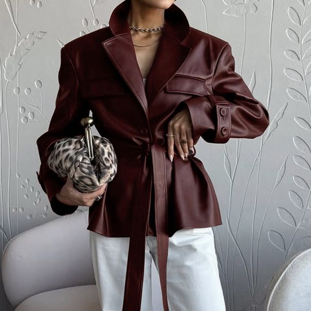 Elegant Women's Pu Blazer Jacket - Long Sleeve Loose Fit Office Wear, Deep Red, S/M/L/Xl Fashion Trends_ecoleips.com