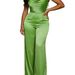 Champagne Gold Satin Jumpsuit For Women, Elegant Draped Neck Wide-Leg Romper, Luxe Evening Wear And Party Outfit_ecoleips.com