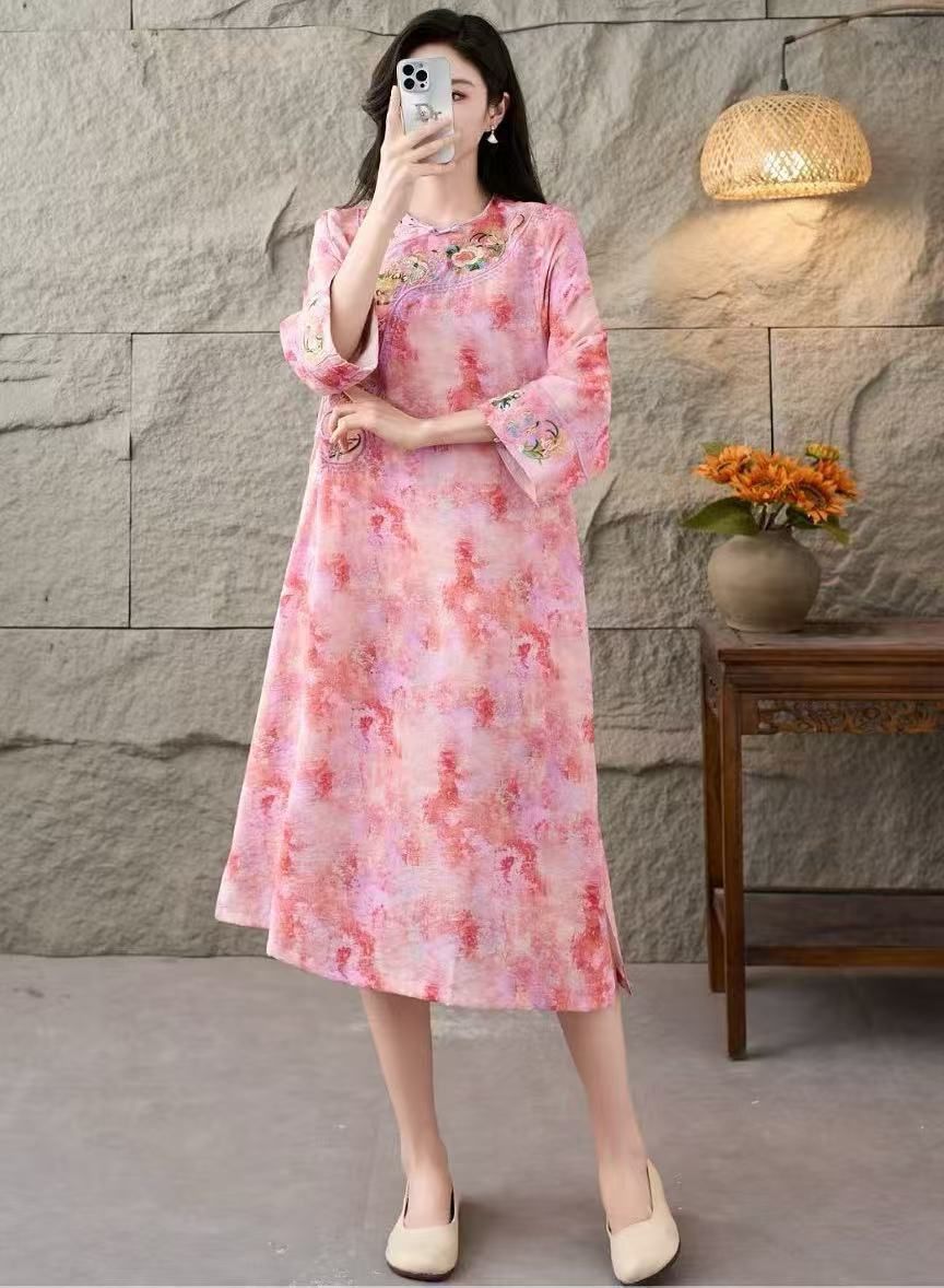 Summer New Vintage Chinese-style Improved Elegant Cheongsam Dress With Rayon Embroidery, Mid-length Skirt_ecoleips.com