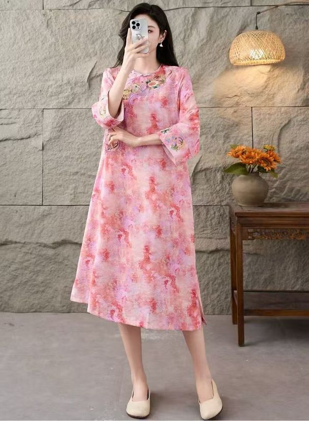 Summer New Vintage Chinese-style Improved Elegant Cheongsam Dress With Rayon Embroidery, Mid-length Skirt_ecoleips.com
