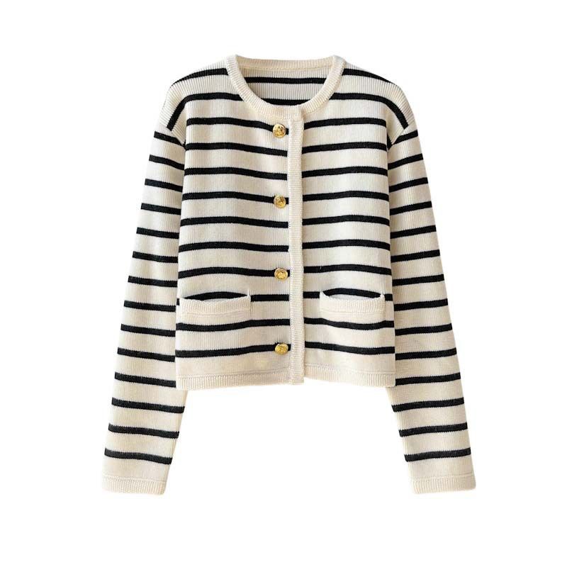 K Gold Button Contrasting Striped Round Neck Knitted Cardigan For Women, Loose Short Style, Outer Sweater Jacket_ecoleips.com