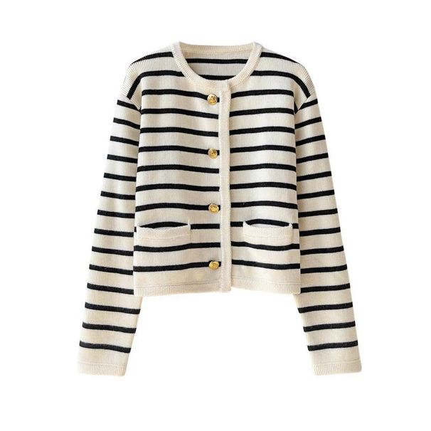 K Gold Button Contrasting Striped Round Neck Knitted Cardigan For Women, Loose Short Style, Outer Sweater Jacket_ecoleips.com