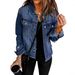 Vintage Washed Denim Jacket For Women – Non-Stretch Distressed V-Neck Long Sleeve Coat (S-2XL, Dark/Light Blue)_ecoleips.com