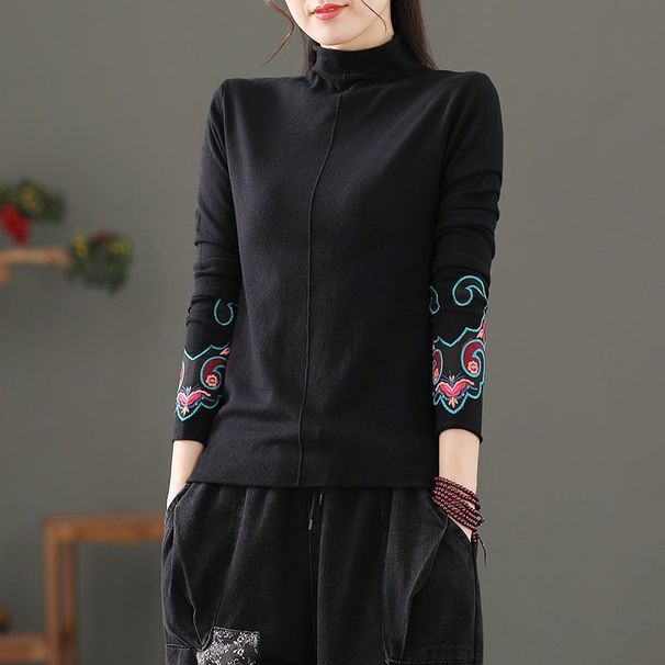 A Loose, Semi-High-Neck, Long-Sleeved T-Shirt With German Velvet Embroidery, Artistic And Versatile Style, For Women's A_ecoleips.com