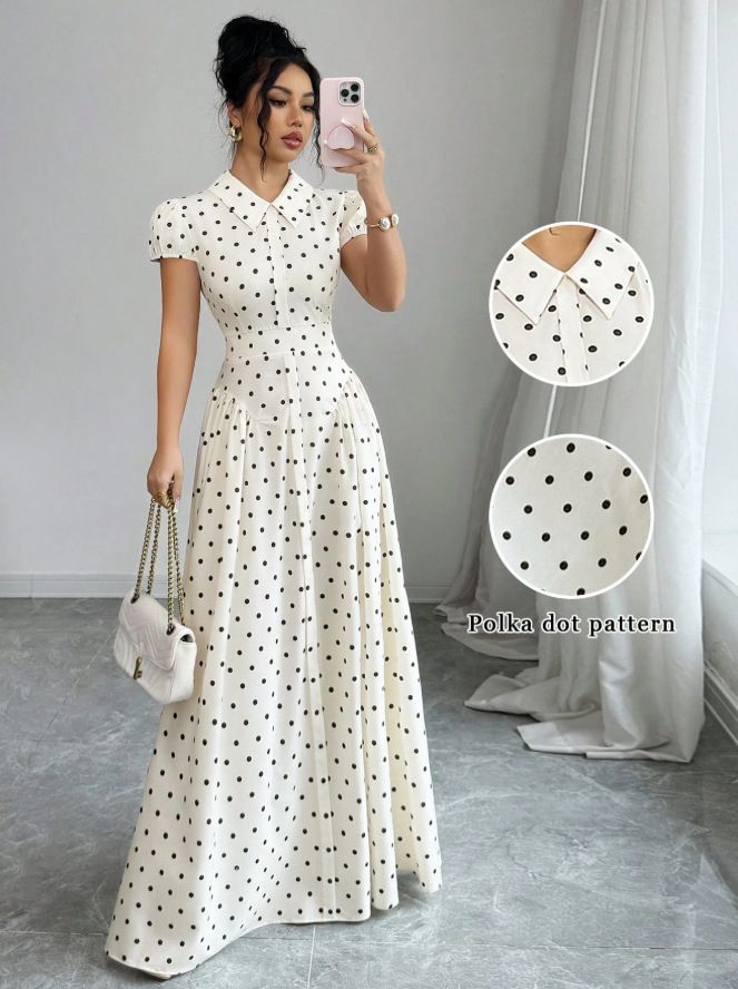 Polka Dot Women's Dress French Retro Style Waist Cinching Slimming Elegant Long Dress for Youthful Summer Fashion_ecoleips.com