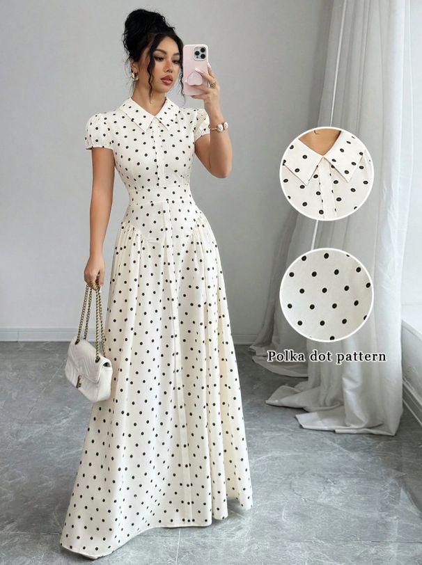 Polka Dot Women's Dress French Retro Style Waist Cinching Slimming Elegant Long Dress for Youthful Summer Fashion_ecoleips.com