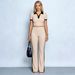 Summer New Women's Polo Collar Color Block Two Piece Set Ribbed Knit Short Top High Waisted Wide Leg Pants_ecoleips.com