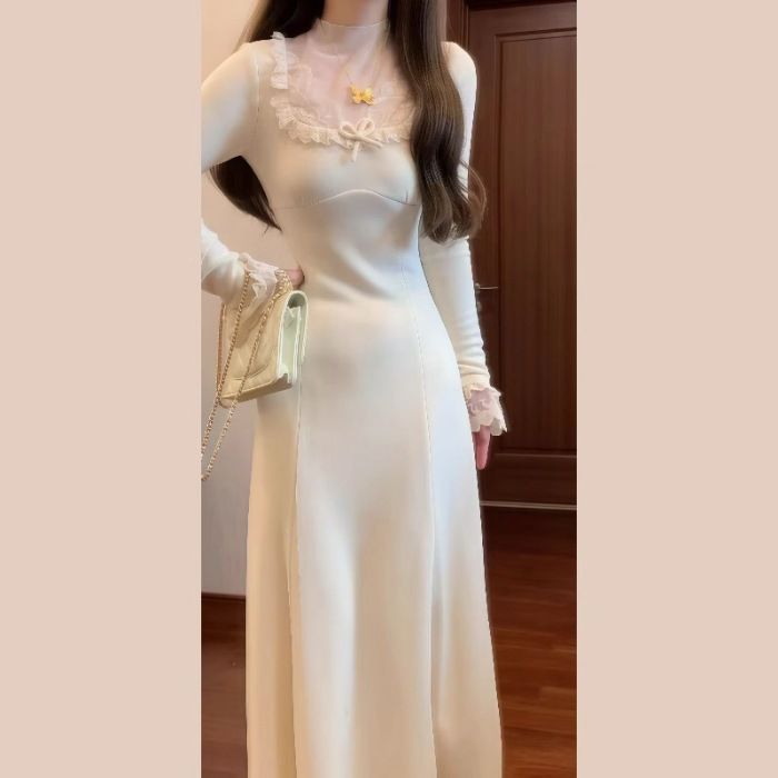White Knit Dress – Elegant Long Sleeve Maxi Dress For Women, Lace Trim High Waist A-Line Dress, Fall Layering Staple (Beige, Sizes S-Xl)_ecoleips.com
