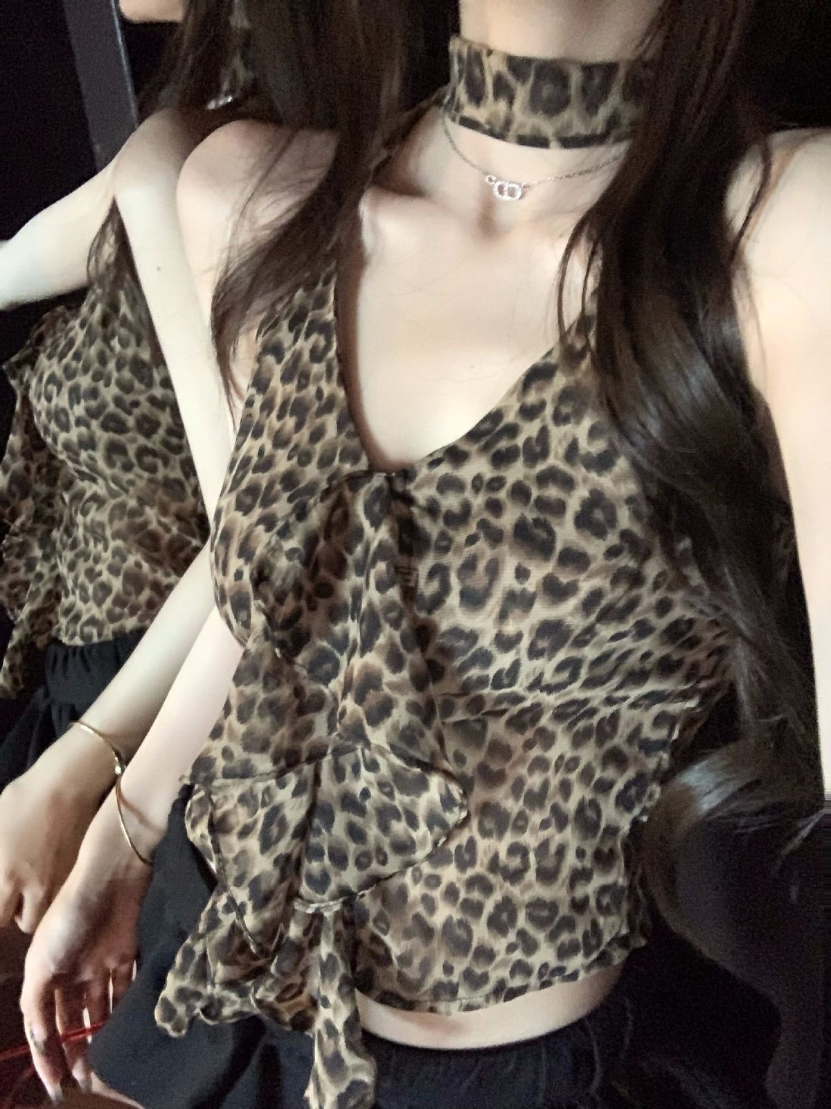 Hot Girl Leopard Print Backless Halter Neck Camisole Women, Summer Tight-fitting Short Top Outerwear, Suitable For_ecoleips.com