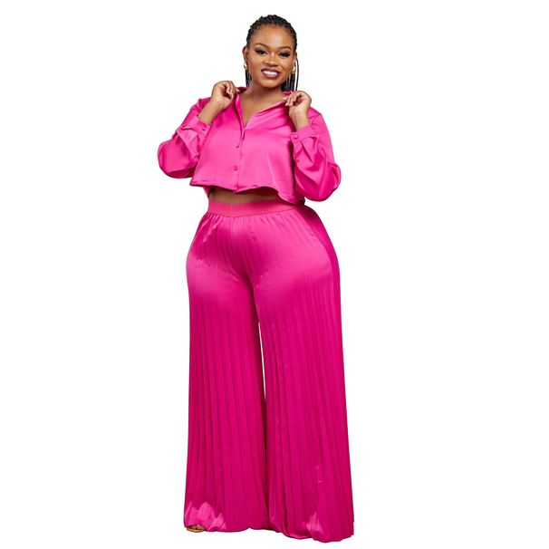 Women's Clothing Autumn And Winter Style Casual Shirt Top Wide Leg Pants Fold Two Piece Suit_ecoleips.com
