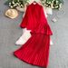 Women's Clothing French Style Three Dimensional Flower Stand Up Collar Bubble Long Sleeved Shirt High Waisted Slim Fitting Pleated Skirt Two Piece Set_ecoleips.com