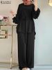 ZANZEA Muslim Women Matching Sets Long Sleeve Solid Color Tops And Loose Pant Suits Elegant Fashion Casual Tracksuit Kaftan 2025_ecoleips.com