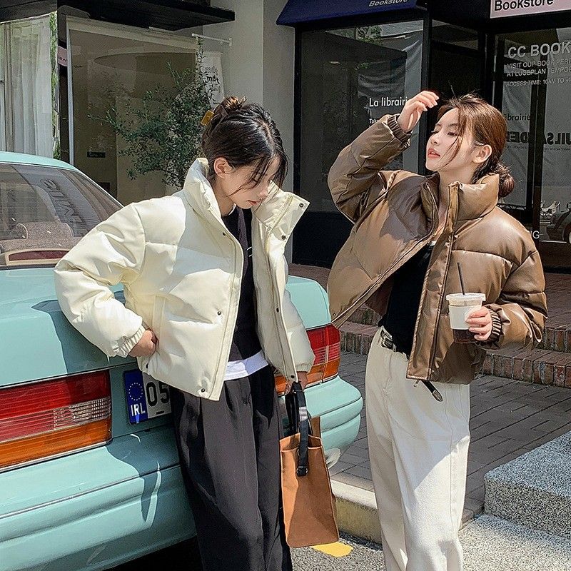 Women's PU Leather Puffer Jacket Winter Cozy Oversized Short Down Coat Fashionable Streetwear_ecoleips.com