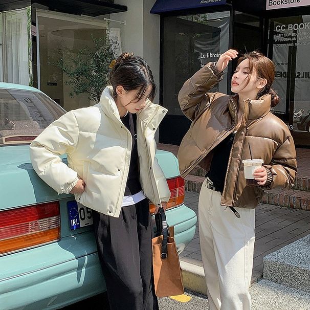 Women's PU Leather Puffer Jacket Winter Cozy Oversized Short Down Coat Fashionable Streetwear_ecoleips.com