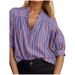 Women's Casual Striped Shirt With Pleated Design, V-Neck Top_ecoleips.com