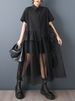 2026 Summer New Patchwork Mesh Shirt Dresses For Woman Short Sleeve Loose Casual Vintage Ladies Dress Fashion Elegant Clothing_ecoleips.com