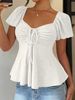 Summer New Women's V Neck Short Sleeve T-Shirt Sexy Solid Color Drawstring Top American Style_ecoleips.com