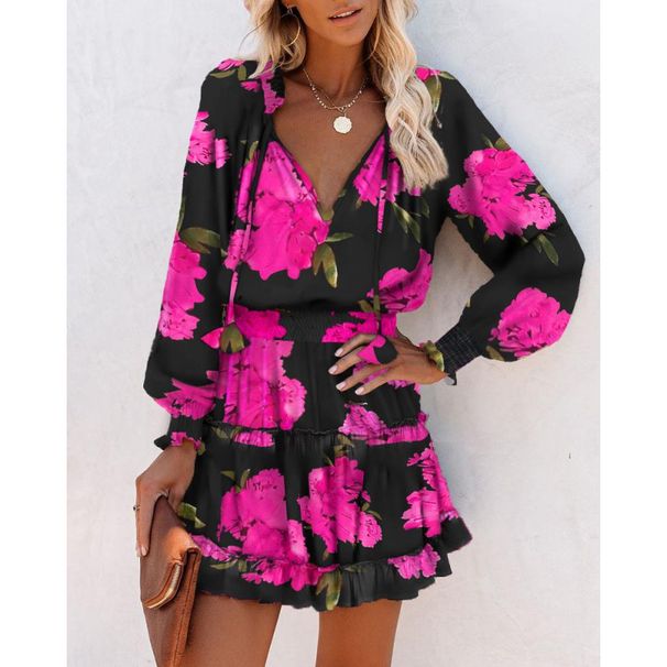2025 Popular Item On : Spring/Summer Long-sleeve V-neck Fashion Printed Waist-cinching Dress For Women_ecoleips.com