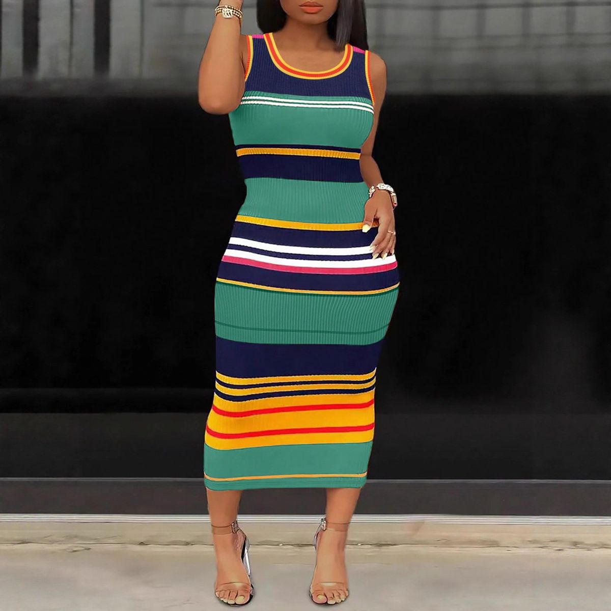 Plus Size Color Blocked Slim Fitting Dress For Women Casual Sleeveless Fashion Suspender Dress Relaxed Everyday Wear Versatile Feshion Trend_ecoleips.com