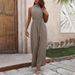 Women's clothing elastic waist high collar halter neck sleeveless floral wide-leg casual pants jumpsuit_ecoleips.com