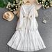 Women's French Style Beaded round Neck Dress Elegant Summer Texture Pleats Ruffles Long Skirt Gentle Dress_ecoleips.com