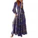 Women's Bohemian Style Long Skirt Dress V Neck Trumpet Sleeve Printed High Waist Floral Vacation Gown_ecoleips.com